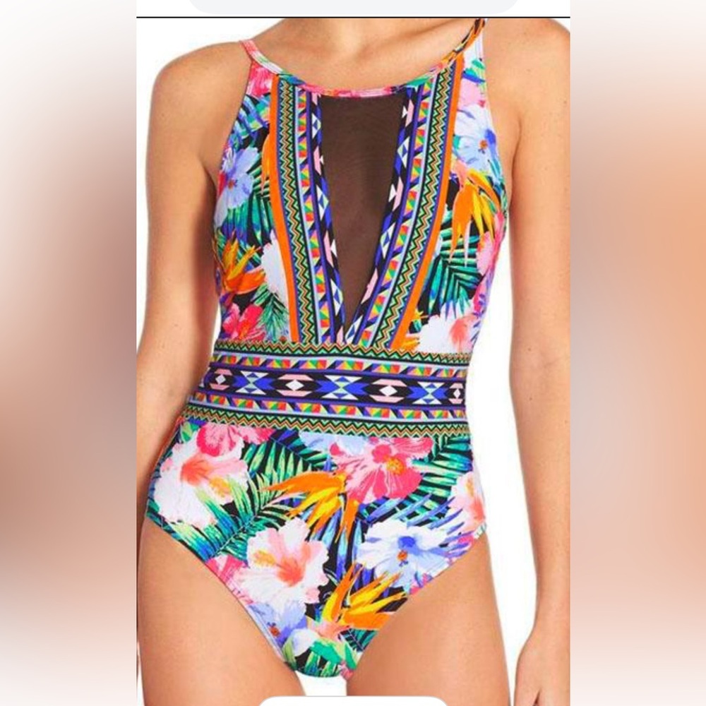 La Blanca Tummy Control‎ High Neck Tropical Print Swimsuit size 10